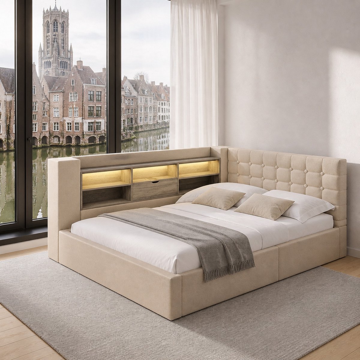 WUVRIE Stoffen bed 140x200 cm met LED, hydraulische opbergruimte en L-vormig hoofdbord, beige, zonder matras