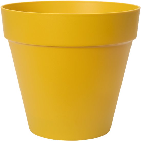 Okergele, ronde bloempot van Elho met een gedraaide rand en een diameter van 38,5 cm.