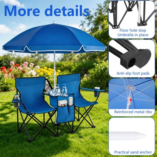 ELVENTO Strandstoel opvouwbaar - Campingstoel opvouwbaar - Campingstoelen - Strandstoeltjes lichtgewicht - 2 zits - Met parasol — afbeelding 4