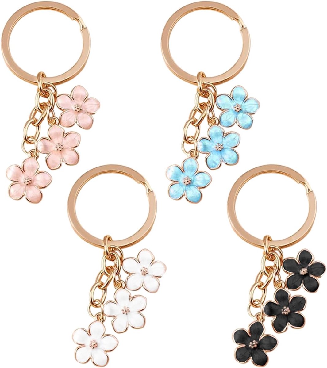 4 stuks kersenbloesem-sleutelhangers, sleutelhangers voor dames, kersenbloesemhanger, handtas decoratie, accessoires voor bloemenhanger, cadeaus voor meisjes,, zwart, roze, wit, blauw, 7 cm