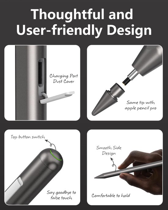 IPencil Pro voor iPad (2018-2024), Stylus Pen met Snel Opladen, Palm Rejection, Potlood 2e generatie voor iPad Pro M4/Air M2, iPad/iPad Pro/iPad Mini/iPad Air (grijs) — afbeelding 4