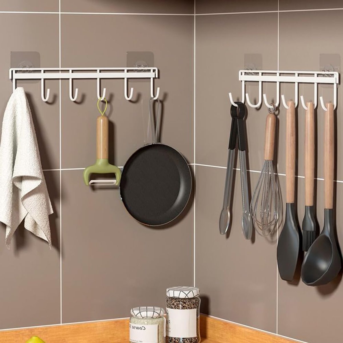 Wandhouder, rail met 6 haken, keukengerei, ophanghaakjes, geen boren, wandmontage, lijm, keukengereihaken voor keuken, badkamer, slaapkamer (wit)