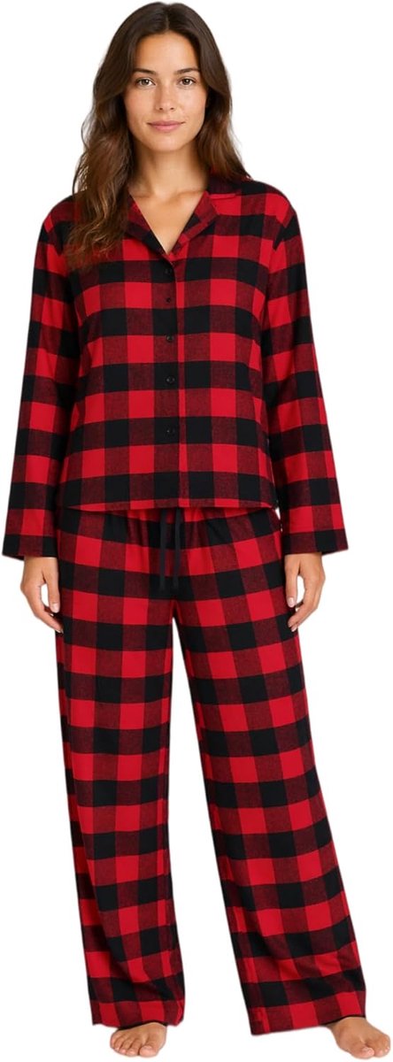 Flanellen Pyjamaset 100% Katoen, Geruit, Lang Shirt met Knopen & Broek met Zakken Winter Nachtkleding