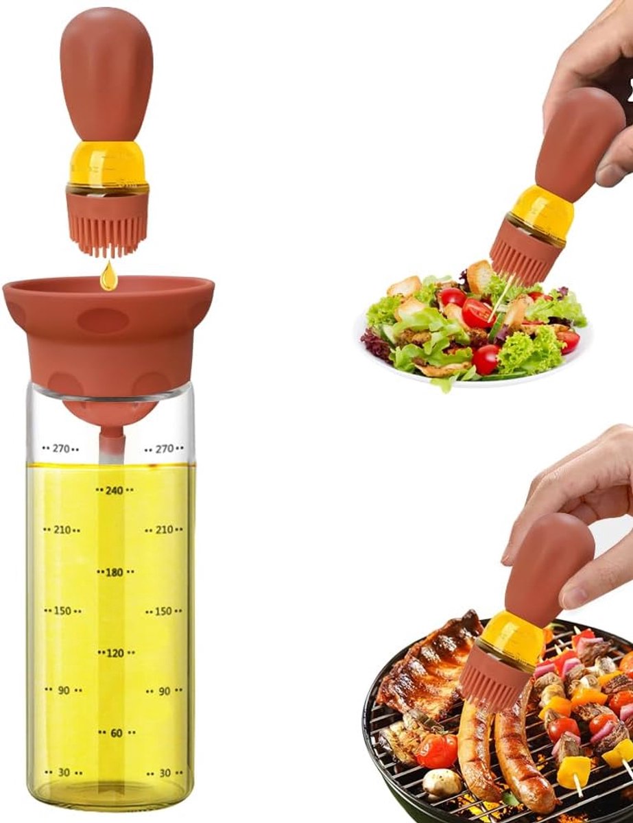 Dispenser met siliconen borstel 2 in 1 300 ml olie dispenser fles voor keuken koken BBQ grill bakken gebak salade grijs