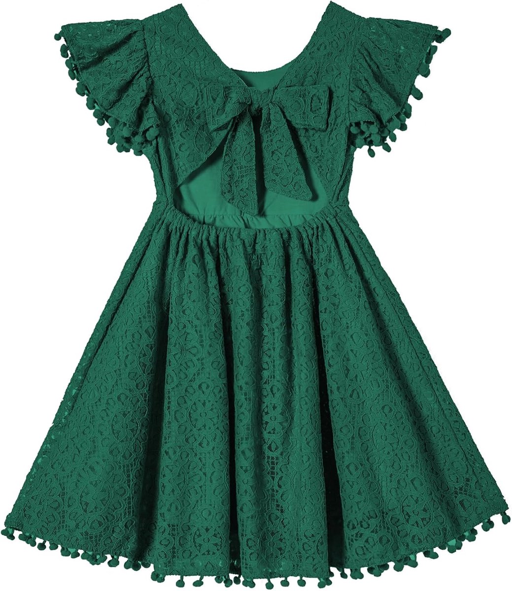 Feestjurk voor meisjes, binding naar achteren voor kleine kinderen, kant, rugvrije strik, pompons, fladdermouwen, prinsessenjurk