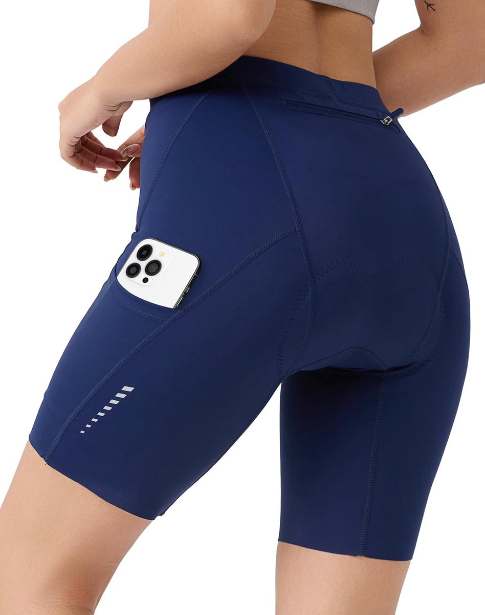 Fietsbroek voor dames, gevoerde 6D met zakken, sneldrogende fietsbroek voor dames, elastische fietsbroek voor dames, korte ademende fietsbroek met brede en dichte voering, pijnvrij