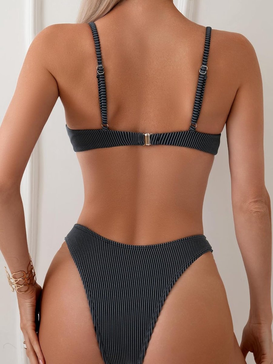 Women Underwire Triangle Bikini Spaghetti Strap Push Up Swimsuit Cheeky Two Piece Bathing Suit Grey L