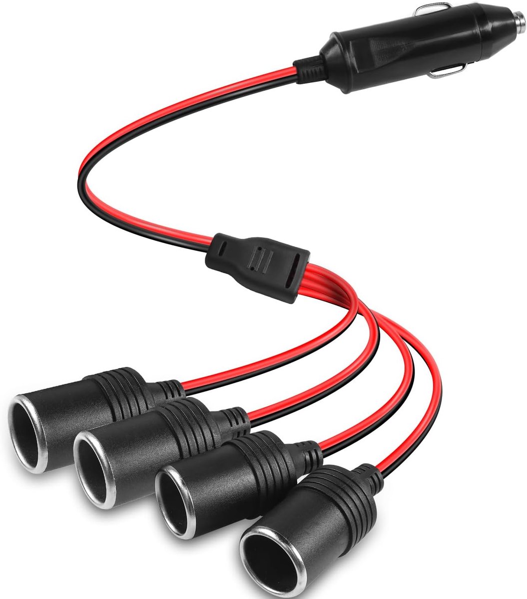 1 tot 4 auto sigarettenaansteker oplader adapter 12V 24V 4-weg aansluiting auto sigarettenaansteker splitter verlengkabel 13AWG met 20A zekering - 1FT/0,3M