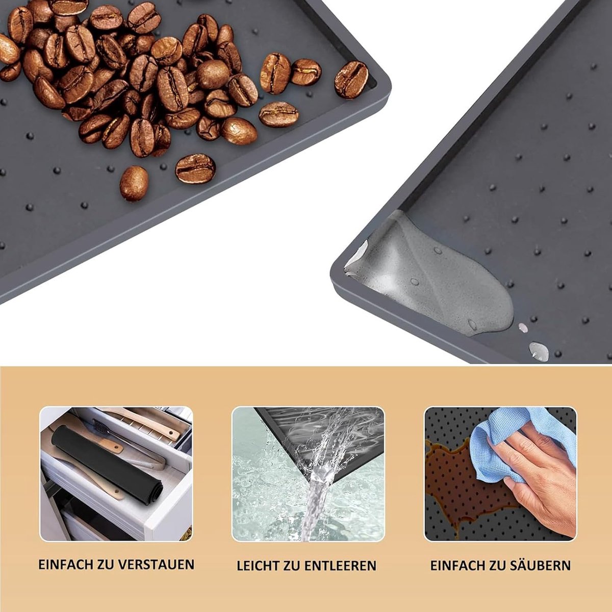Siliconen mat voor onder koffiezetapparaat, 48 x 30 cm, korrelig oppervlak, compatibel met koffiemolen, grijs