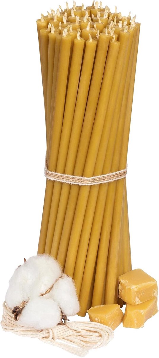 50 stuks No60 gele dunne kerkaarsen bijenwas kaarsen met honinggeur premium kwaliteit "Medovie" L: 205 mm, Ø 6,6 mm, brandduur: 1 uur 20 minuten