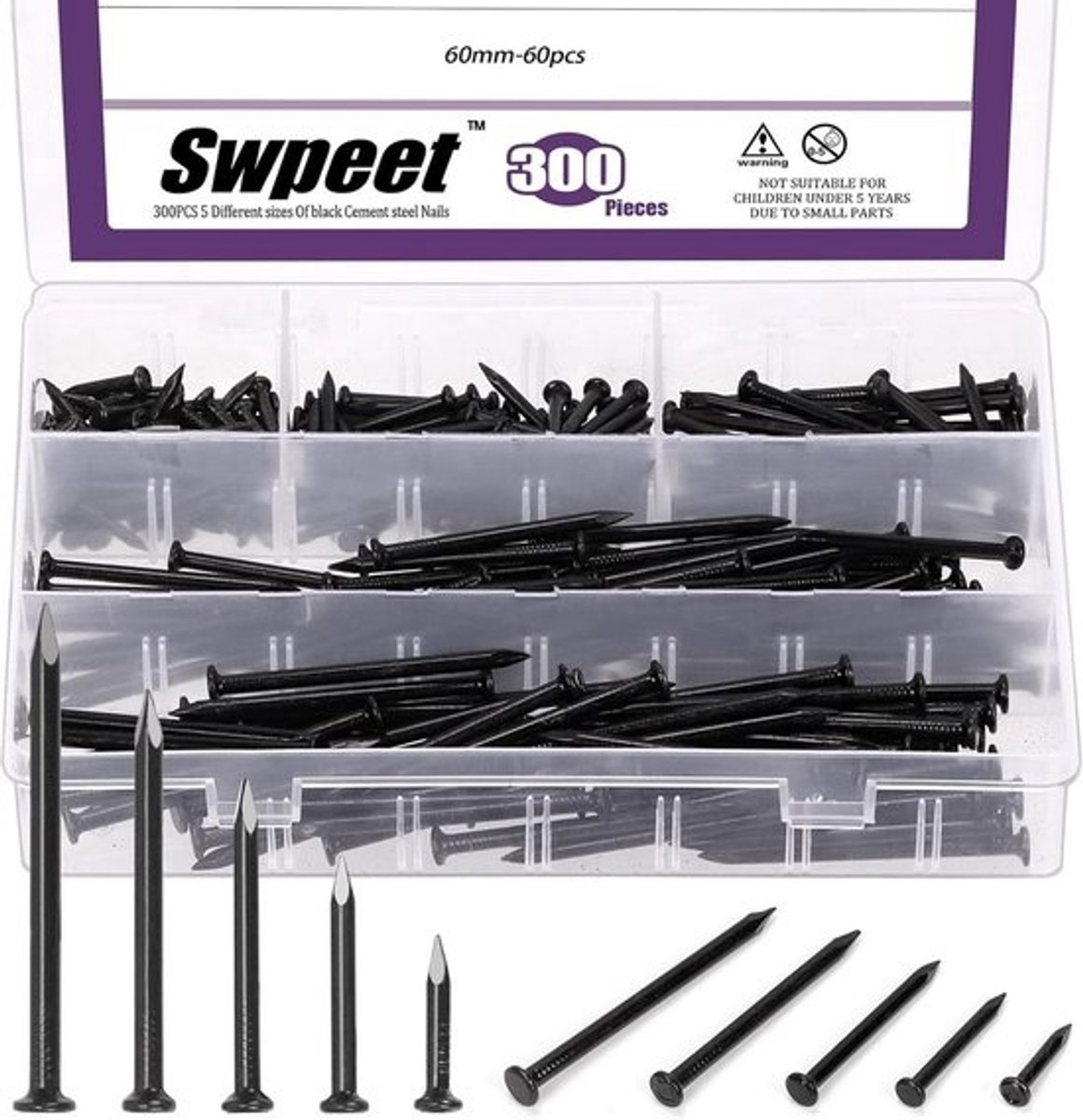 Assortiment Zwarte Hardware Nagels - 300 Stuks in 5 Maten (3/4" tot 2-3/8")