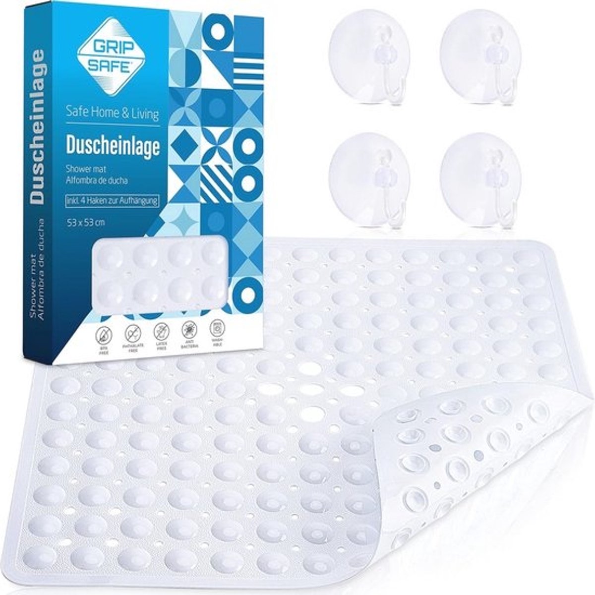 Antislip Douchemat EXTRA - 53 x 53 cm, Antibacterieel en Machinewasbaar (Wit)