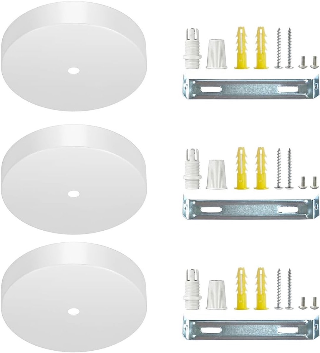 Set van 3 witte ronde plafondluifelsets, 120 mm diameter 20 mm dikke ijzeren lampvoet met complete montageaccessoires