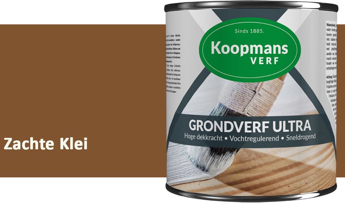 Koopmans Grondverf Ultra – Grondverf Hout & Metaal Binnen en Buiten – Vochtregulerende Primer – Hoge Dekking – Zijdeglans – Zachte Klei – 1,5 l