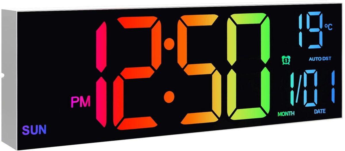 DeltaMerch Digitale Klok - Wandklok - Nachtlampje - 16 inch LED Display - 8 Kleuren - Datum en Temperatuur weergave -Zwart