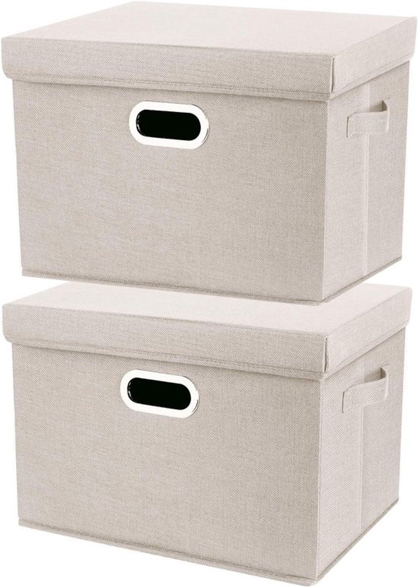 Grote opbergdoos met deksel, opvouwbaar en wasbaar, set van 2, 44x30x29 cm, beige, ideaal voor organisatie en opslag