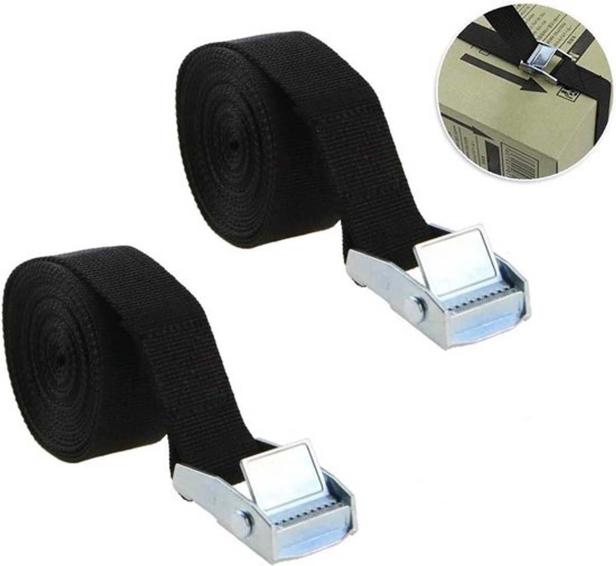 Set van 2 zwarte 7ft cam-buckle-lashingstraps - verstelbare bevestigingsriemen
