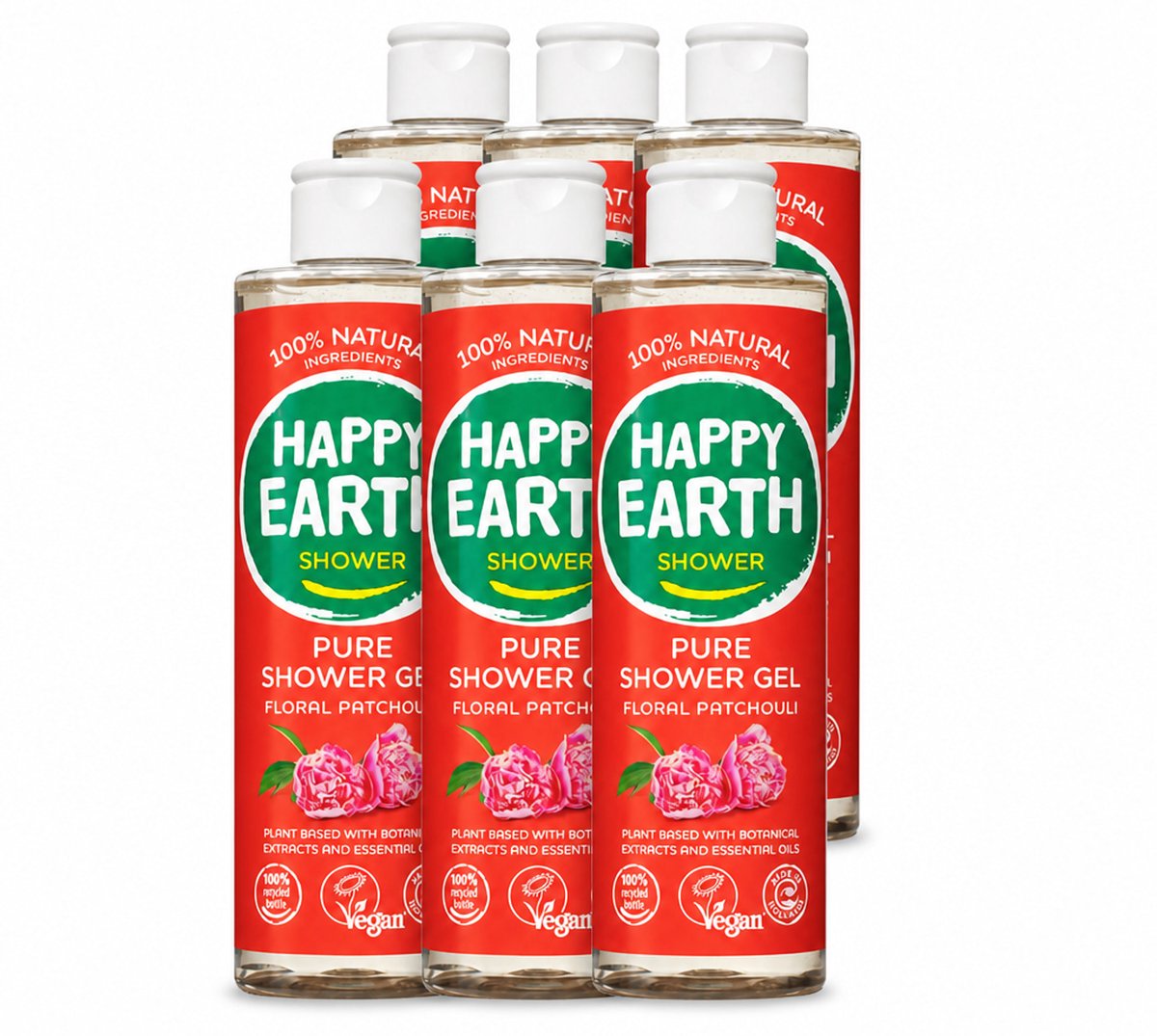 6 x Happy Earth – Douchegel – 100% Natuurlijk Floral Patchouli – 300 ml - Voordeelverpakking - 6 stuks