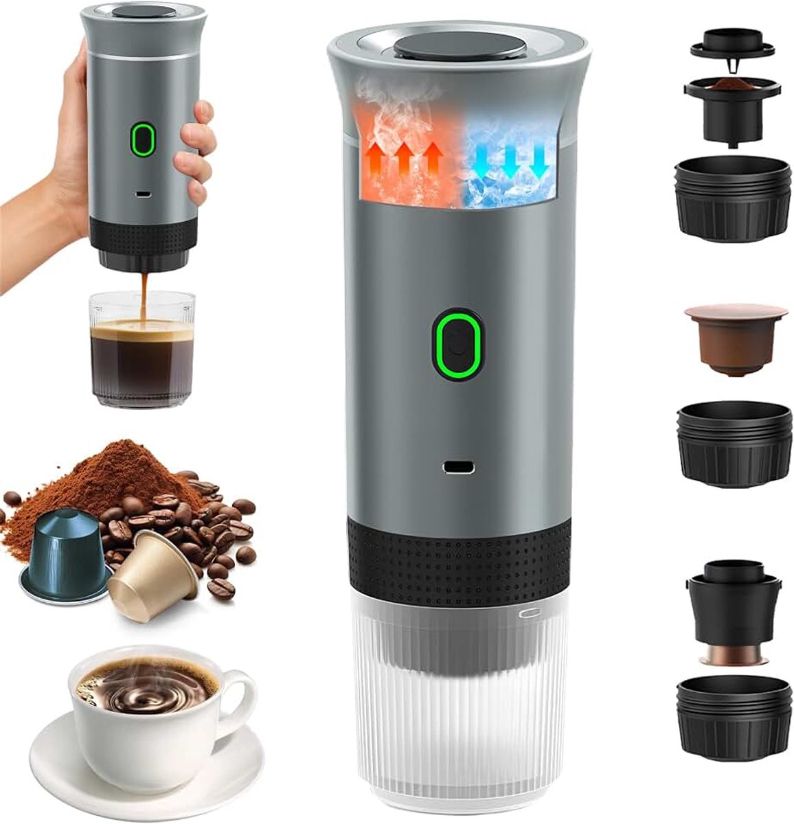 Koffiezetapparaat, 3-in-1 espressomachine voor capsules en gemalen koffie, elektrische espressomachine, snelle verwarming voor kantoor, reizen, camping, thuis (zilver)