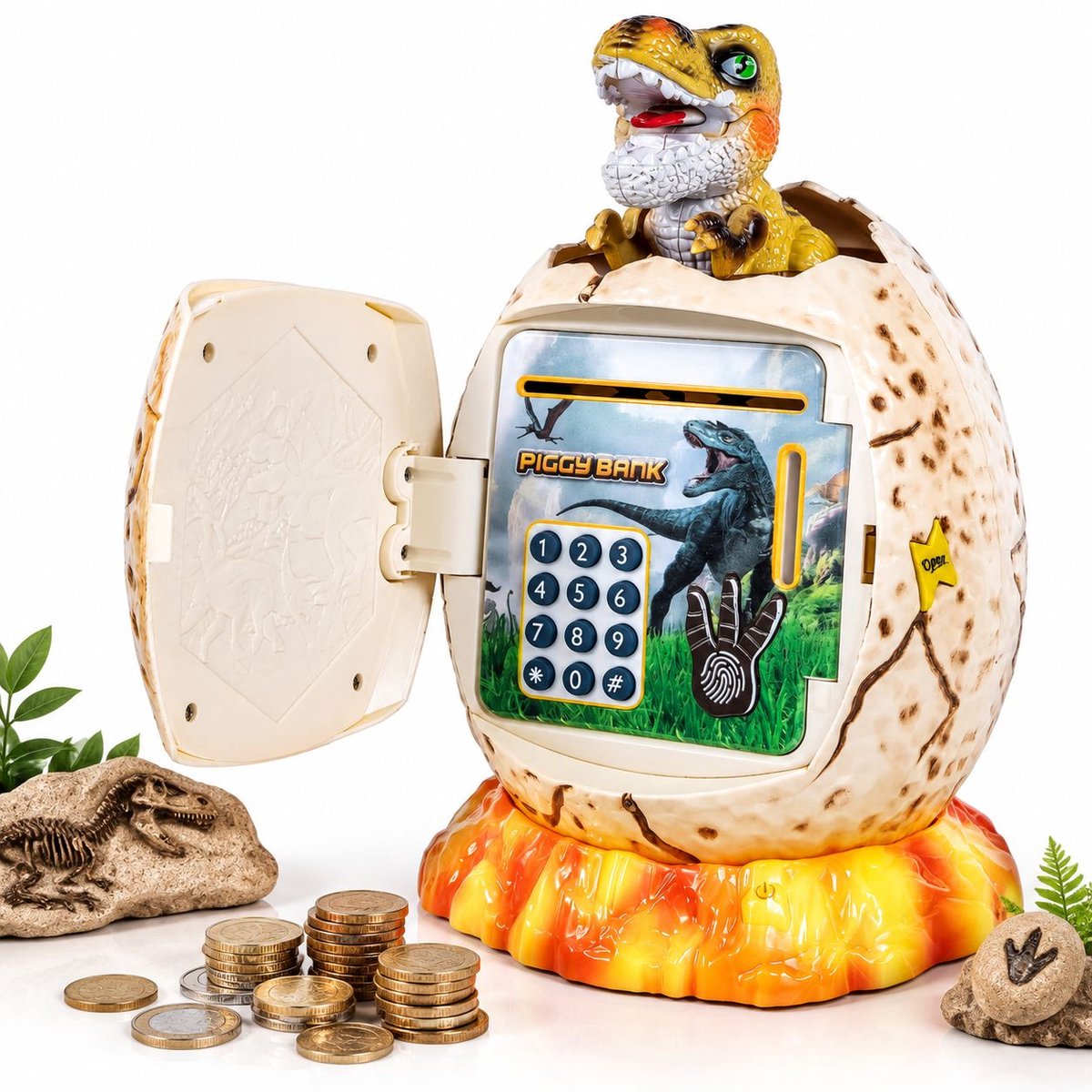 VHV - Spaarpot jongen - Spaarvarken kind - Dinosaurus Ei Spaarpot met Vingerafdrukontgrendeling/Nachtlampje/Muziek - Dino speelgoed - Munten & Briefgeld - Verjaardag Pasen cadeaus voor jongens meisjes