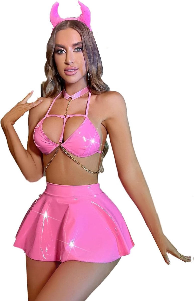 Little Devil Lak Lederen Kostuum Sexy Hangende Neck Rok Set Duivel Bodysuit en Oor Headban voor Halloween
