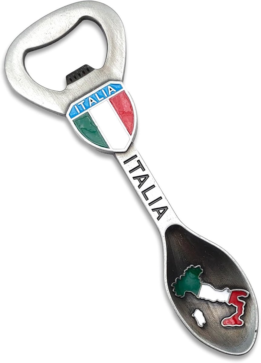 Flesopener in lepelvorm, metalen kurkentrekker voor kroonkurken met Italiaans driekleurig design, vlag-belettering, laarzen, 12 cm, voor huis, bar en cadeau (zilver)