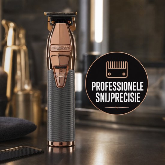 Rosegouden BaBylissPRO trimmer met grijze textuur op de handgreep. "PROFESSIONELE SNIJPRECISIE" is zichtbaar.