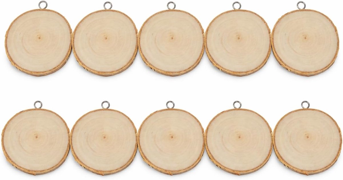 World - Houten schijfjes, geschuurd van natuurlijk berkenhout - wanddecoratie - doe-het-zelf - 5-6 cm in diameter - Met een haak - 10 stuks