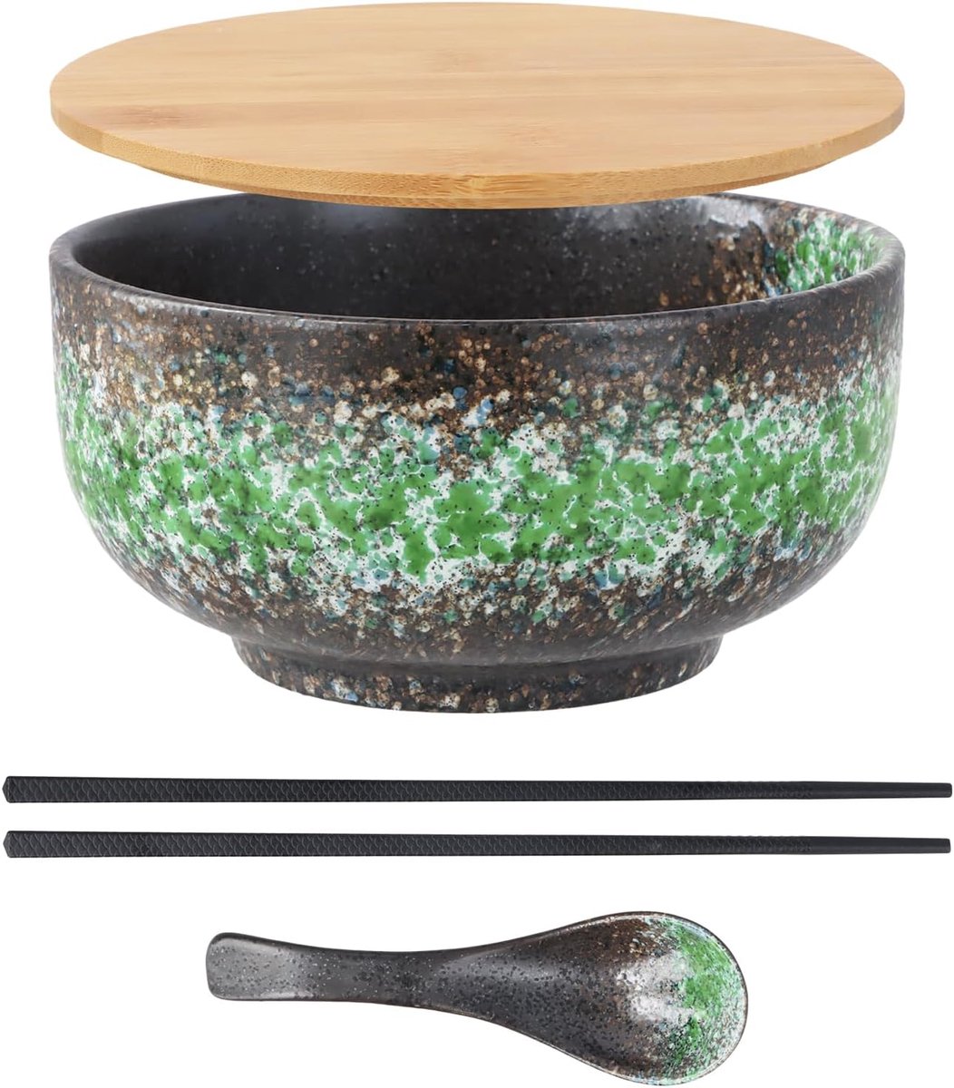 Noedelramenkom en porseleinen slakom - inhoud 1500 ml, eetstokjes en lepelsets inbegrepen, Japans picknickservies voor pasta, soep, salade, snack (groen)