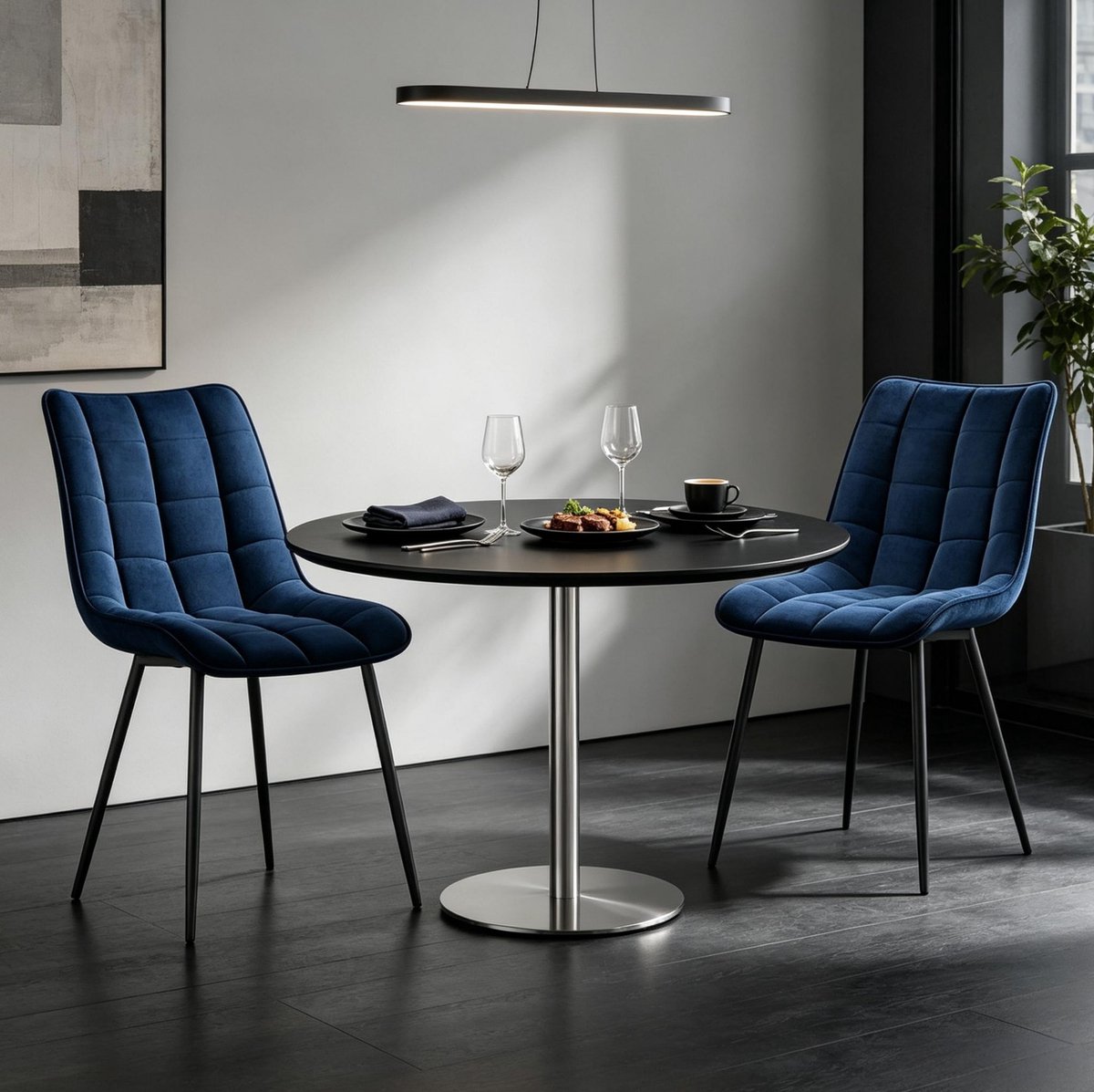 MODENUIT Eetkamerstoel - Set van 2 - Gestikte Velvet Zitting - Voor Eetkamer en Kantoor - Metaal Blauw