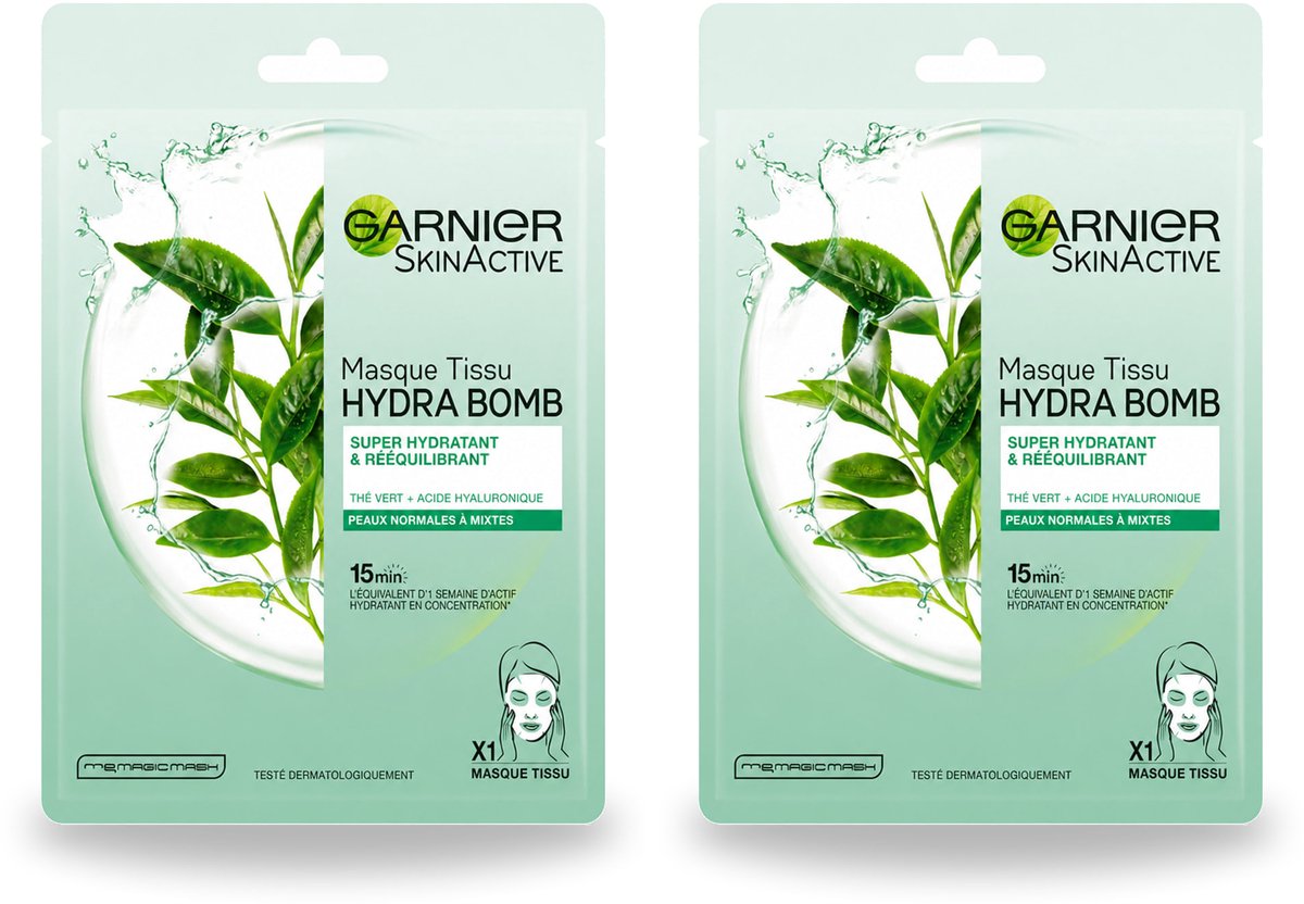 2 x Garnier - SkinActive - Hydra Bomb Tissue Masker - Groene Thee - 1 Gezichtsmasker - Bulkverpakking - 2 stuks