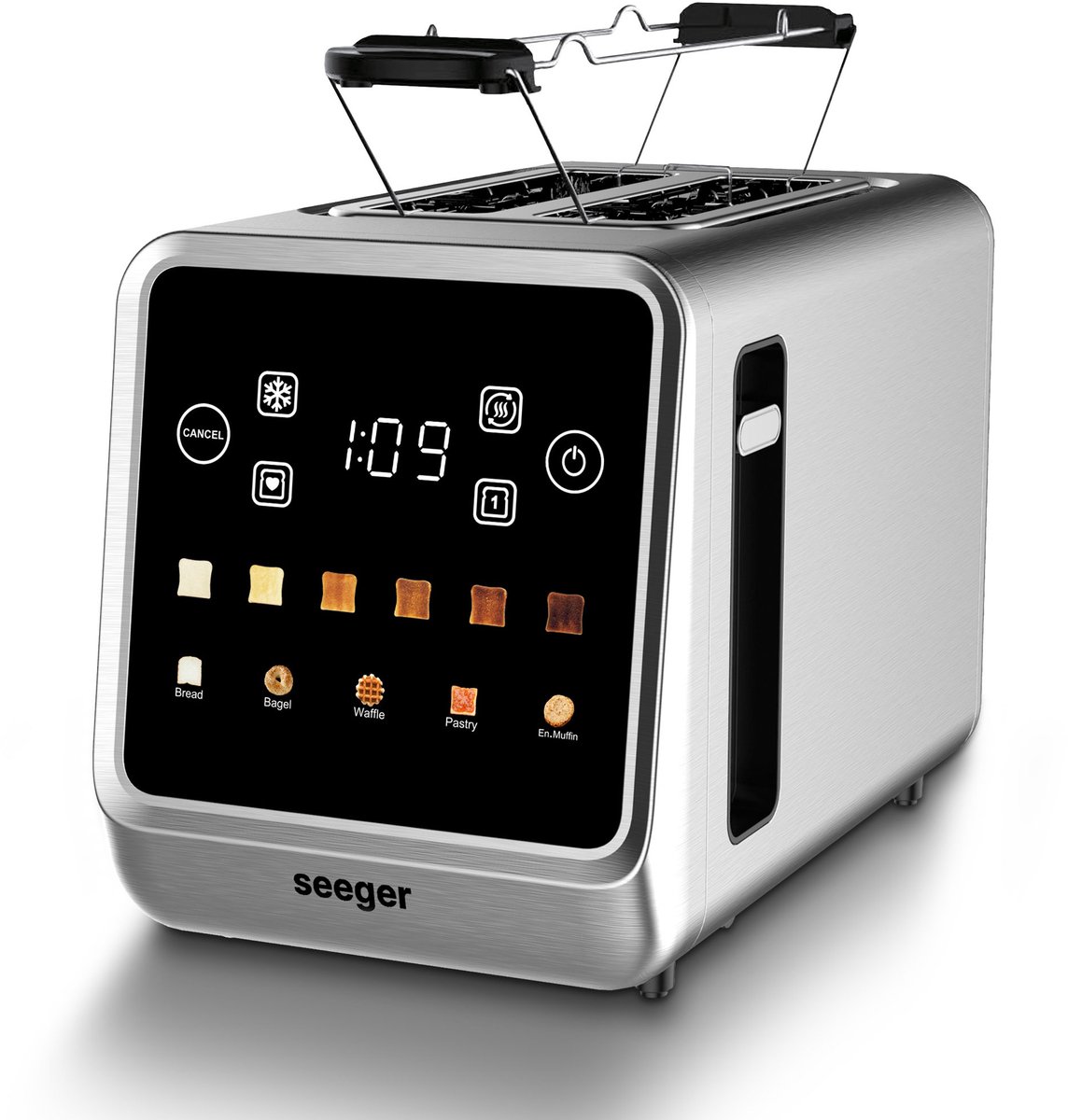Seeger Digital Toaster - Broodrooster met touchscreen - 2 Sleuven - Timerfunctie - Ontdooien & Opwarmen - 6 Bruiningsniveaus - Met Kruimellade - RVS