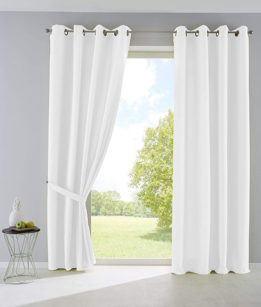 Set van 2 gordijnen, ondoorzichtig, mat, lichtdoorlatend, met oogjes en embrasses deco, H x B 225 x 140 cm, wit, 10000265-2