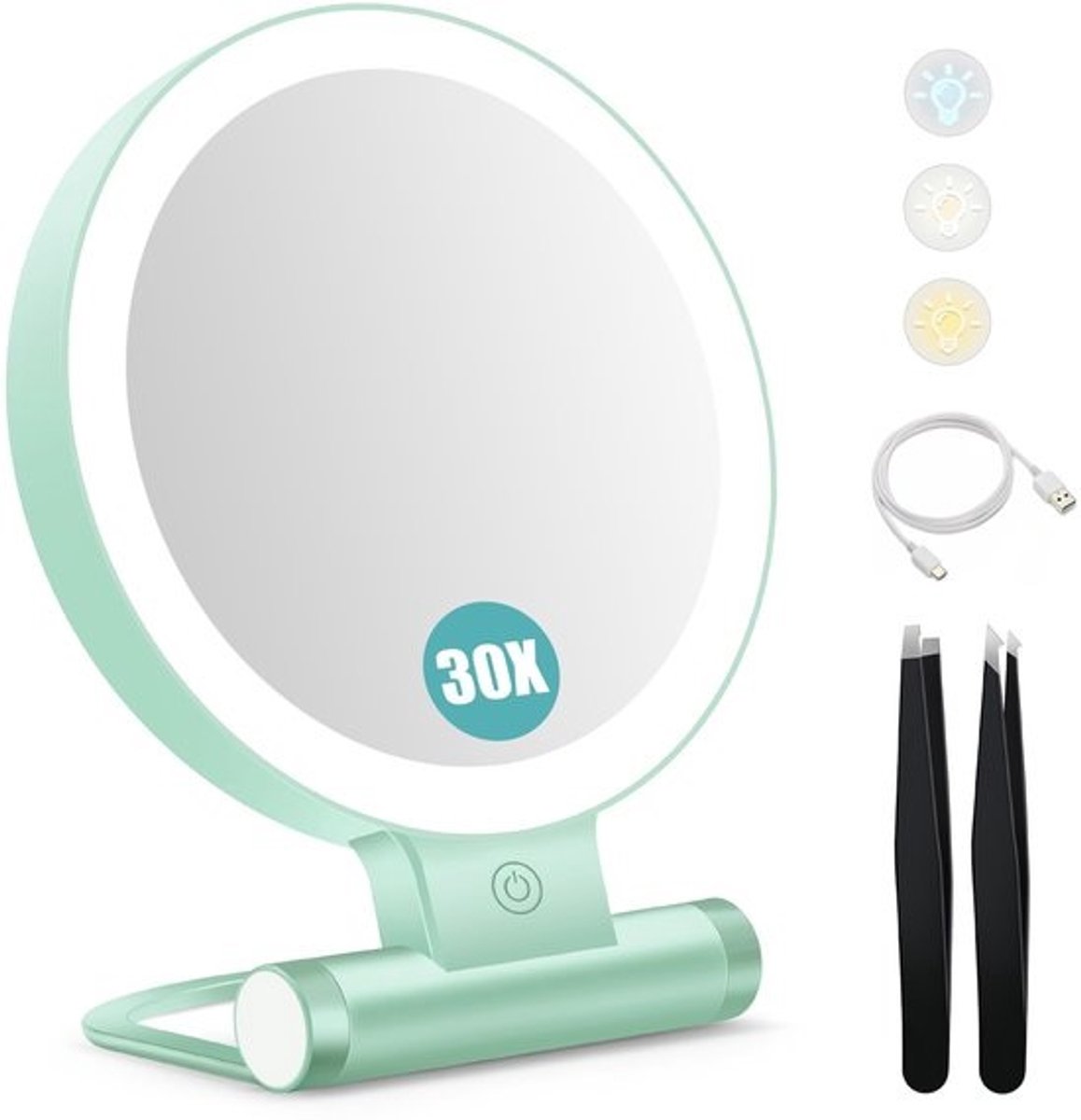 NTHProducts - Makeup Mirror met Verlichting - Dubbelzijdig - 30x Vergroting - Groene Makeup Spiegel - Compact en Dimbaar - Ideaal voor Reizen