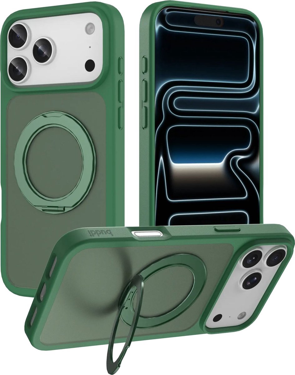 Buddi Frost Hoesje Geschikt voor Apple iPhone 18 Pro Max - Mat Groen - Met Ring Stand - MagSafe Back Cover - Matchende kleur - Met 360° Draaibare Standaard - Shockproof - Slank