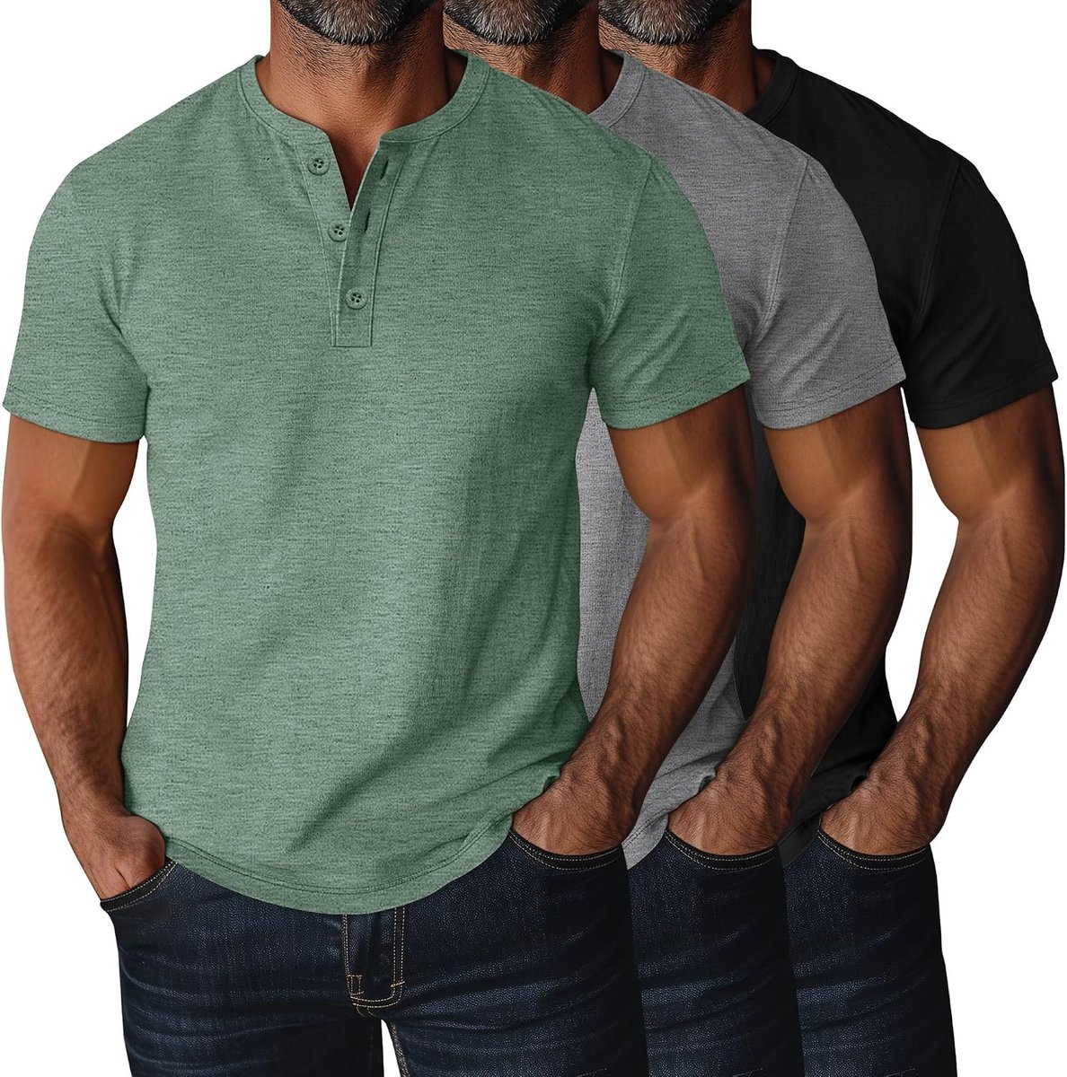 3-Pack Henley-shirts voor Heren