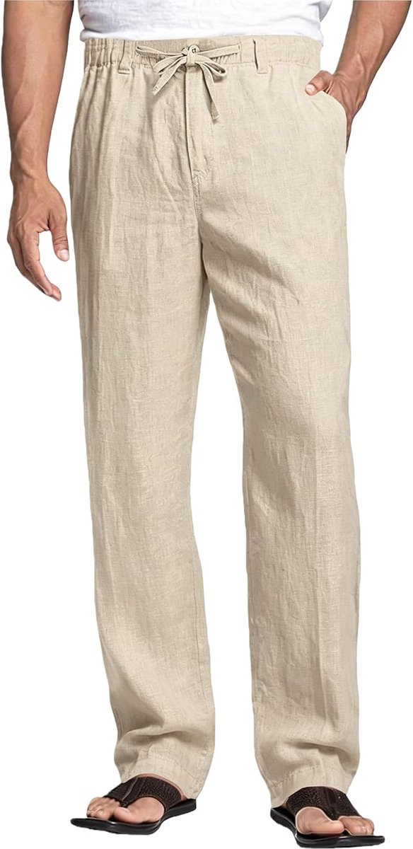 Heren Linnen Broek Lichtgewicht, Zomerbroek Casual, Strandbroek met Trekkoord en Zakken voor Vakantie