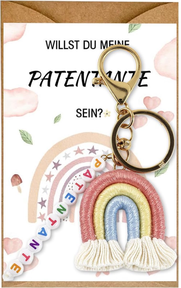 Meisjes, peettante vragen sleutelhanger dooppatijn geschenken kaart creatief cadeau baby geboorte babyshower schoolkind regenboog schooltas vulling jongens eerste schooldag geluksbrenger