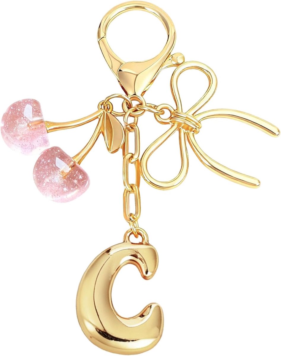 Initial Een Sleutelhanger met Boog & Kersen - Gouden Letter Bag Charms voor Vrouwen, Leuke Portemonnee Handtas Accessoires