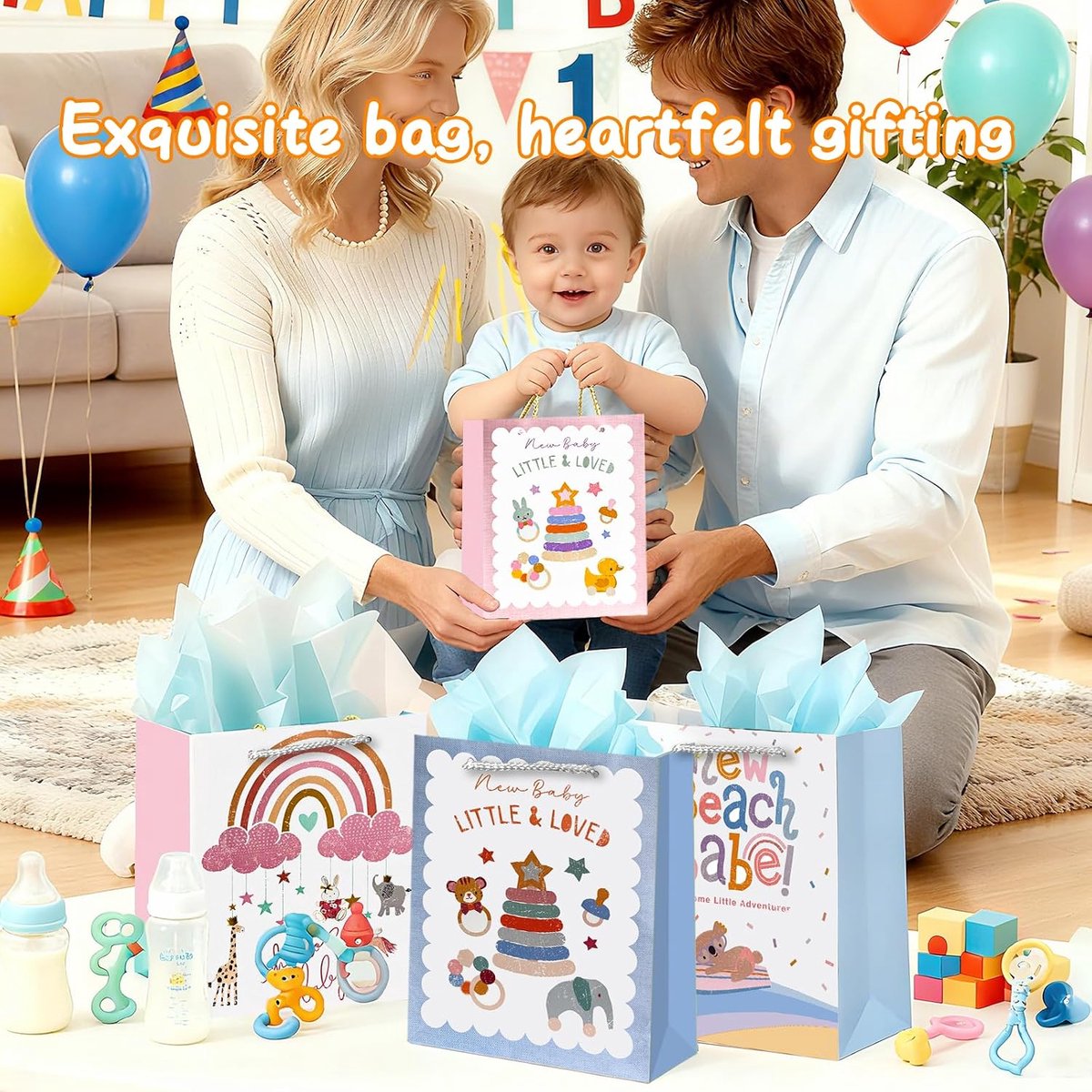 Cadeauzakjes voor geboorte 1e verjaardag babyshower cadeauzakje met zijdepapier, cadeaus voor geboorte jongens en meisjes, roze blauwe geschenkverpakking papieren zakjes babyshower geschenkzakjes