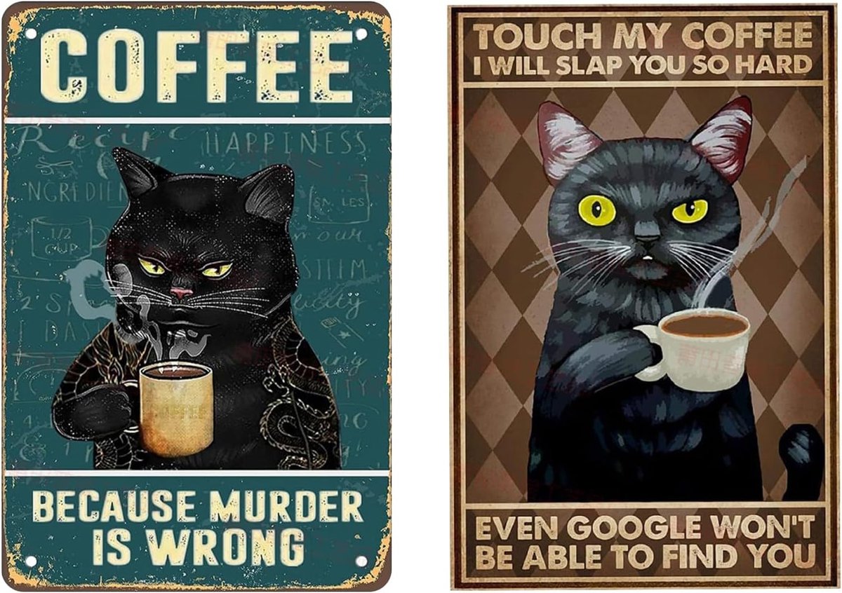 2 Stuks Zwarte Kat Koffie Tin Foto 'S, Grappige Afdrukken Oude Tin Foto' S, Muur Decoratie Lijst, Geschikt Voor Bars En Cafés Om Te Ken.