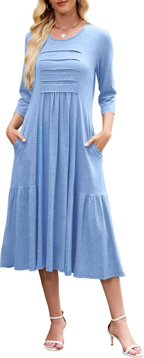 Jurken voor dames, 3/4 mouwen, partyjurk, midi-jurk, ronde hals, T-shirtjurk, solide reisjurk, elegante holidy jurk met zakken voor feest, bruiloft