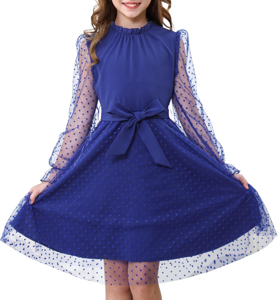 Jurk met lange mouwen voor meisjes, hoge taille met riem, A-lijn, volant-hals, contrasterende mesh, prinsessenjurk voor feestjes van tule