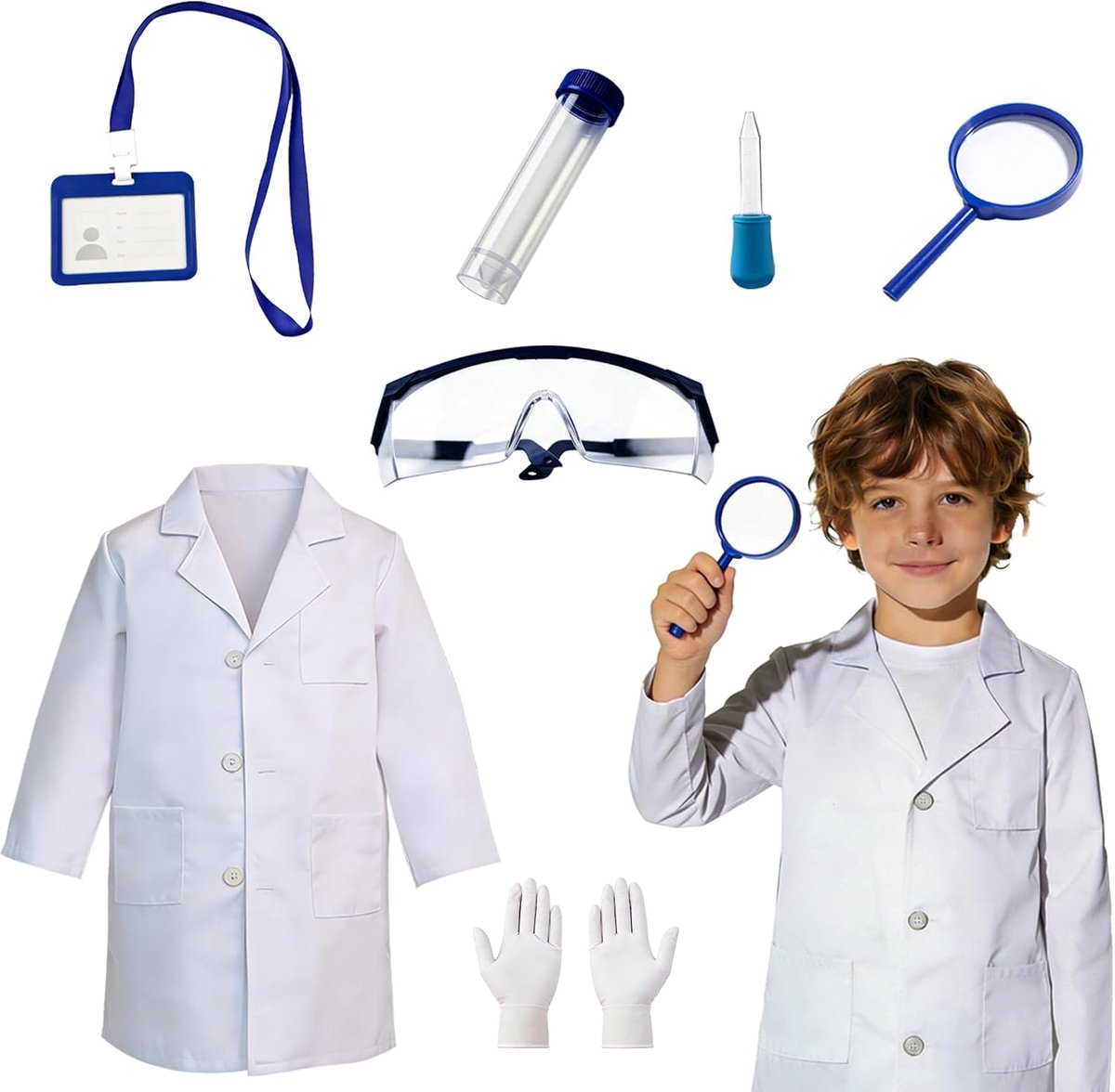 Dokterskostuum voor kinderen, met laboratoriumjas, ID-kaart en vergrootglas, ideaal voor Halloween en rollenspellen, voor jongens en meisjes