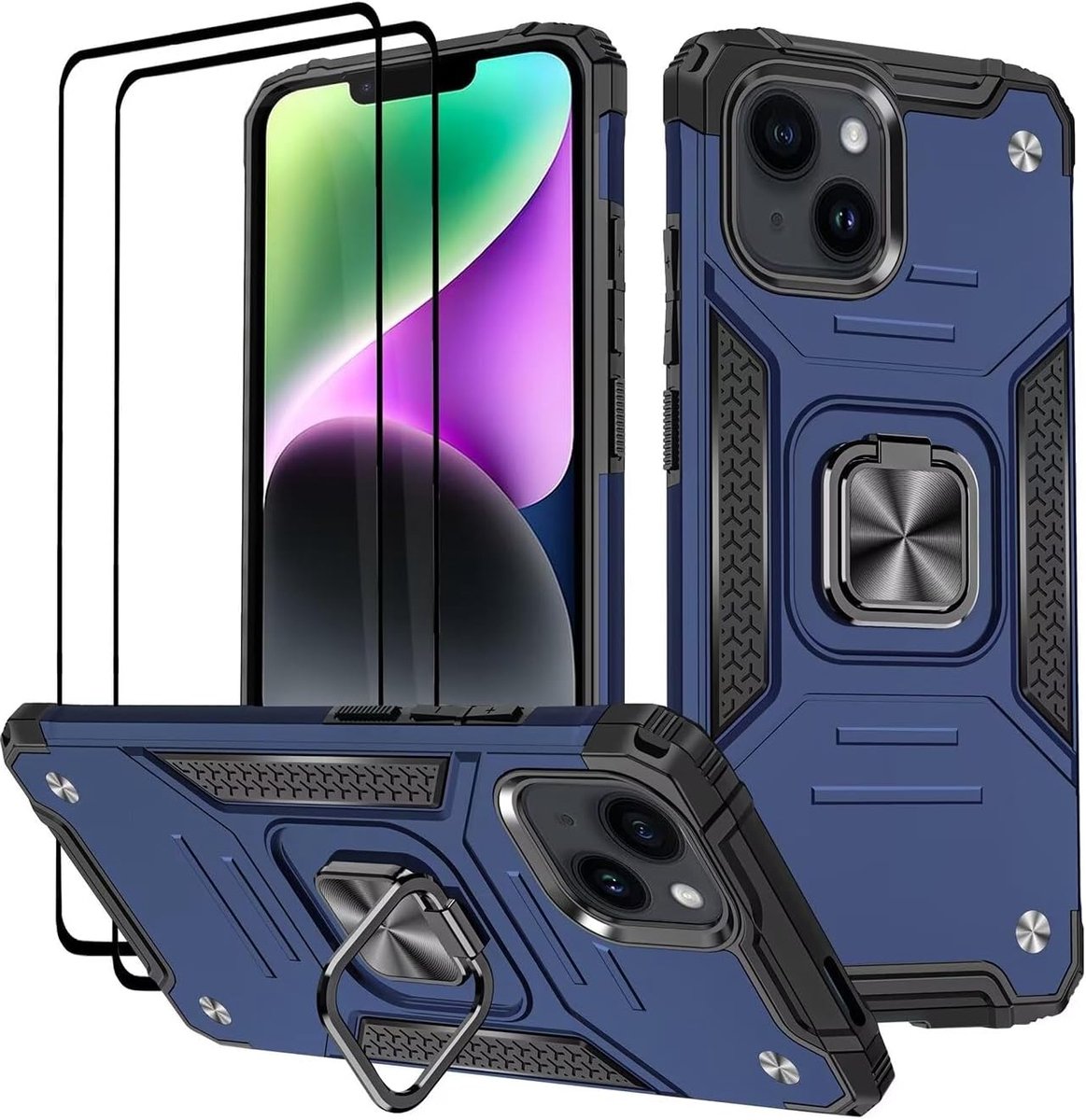 Beschermhoesje voor iPhone 14, gehard glas, verpakking van 2 stuks, siliconen TPU, 360° draaibaar, magneetring ring, standaard, bumper, blauw