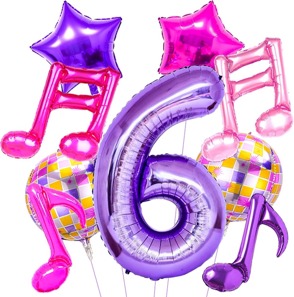 Ballonnenset met muziekthema, inclusief cijfer-, noten- en sterballonnen, discoballonnen voor zangers, voor muziekfestivals en verjaardagsfeesten. (6 jaar oud)