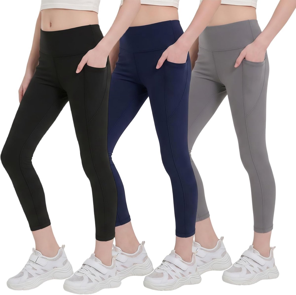 Leggings voor meisjes, zwart, 9/10 met zakken, sportlegging voor kinderen, lange sportbroek voor dagelijks gebruik en schoolsport, verpakking van 1, 2 of 3 stuks