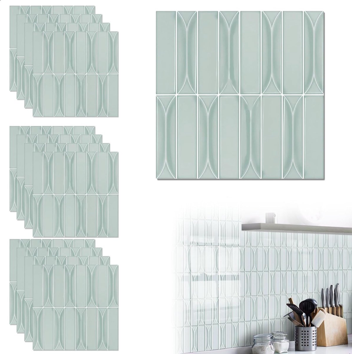 Plaktegels, keuken, 12 stuks, dikkere zelfklevende tegels, tegelfolie, badkamer, waterdicht, 20 x 20 cm, plakfolie, tegellook, keukenachterwand, spatbescherming, pvc, saliegroene