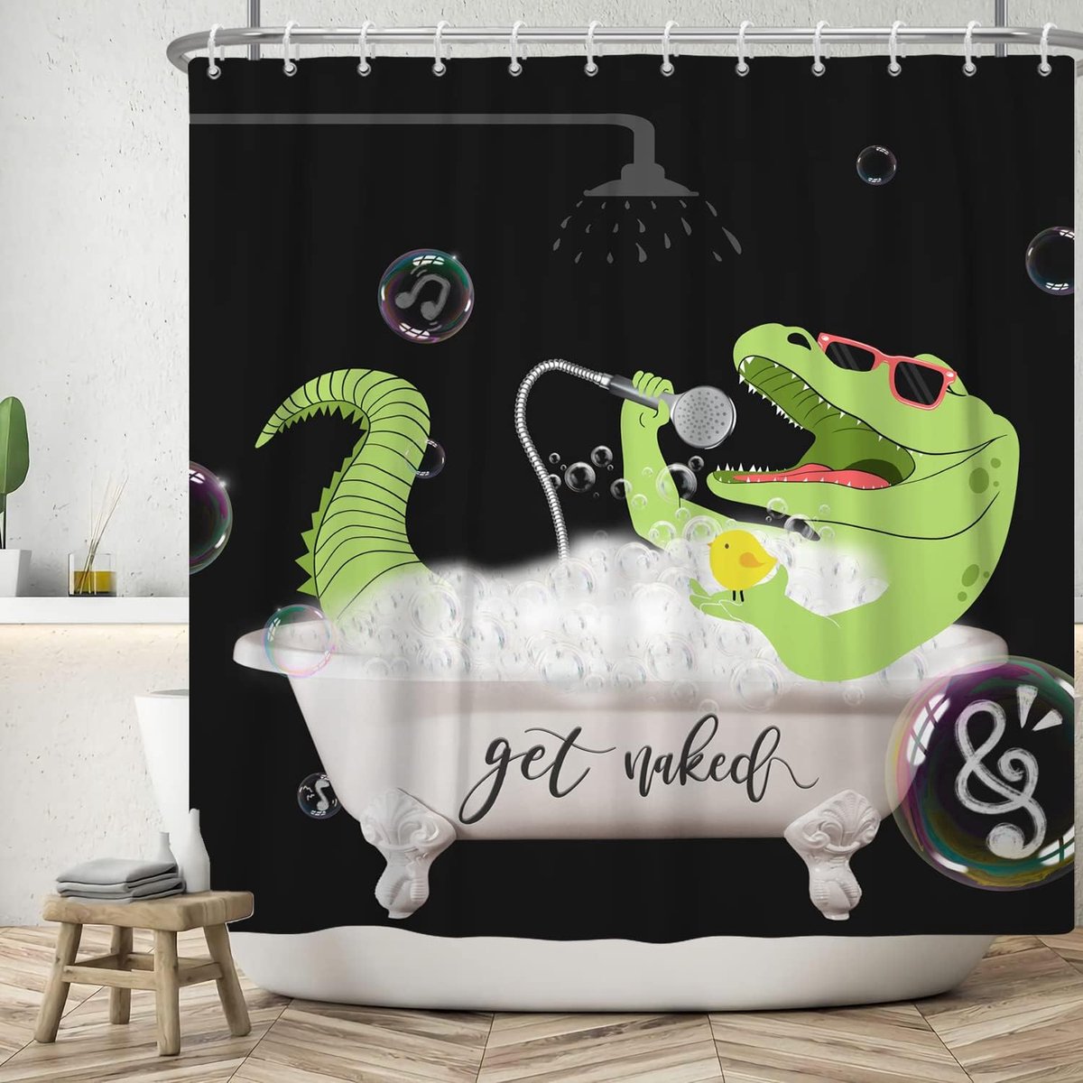 180x180cm Krijg Naakt douchegordijn Grappig Groen Dinosaurus Douchen in Bad Bad Gordijn Cartoon Zwarte Achtergrond Badkuip Gordijn voor Kinderen Badkamer Decor Polyester Stof met Haken