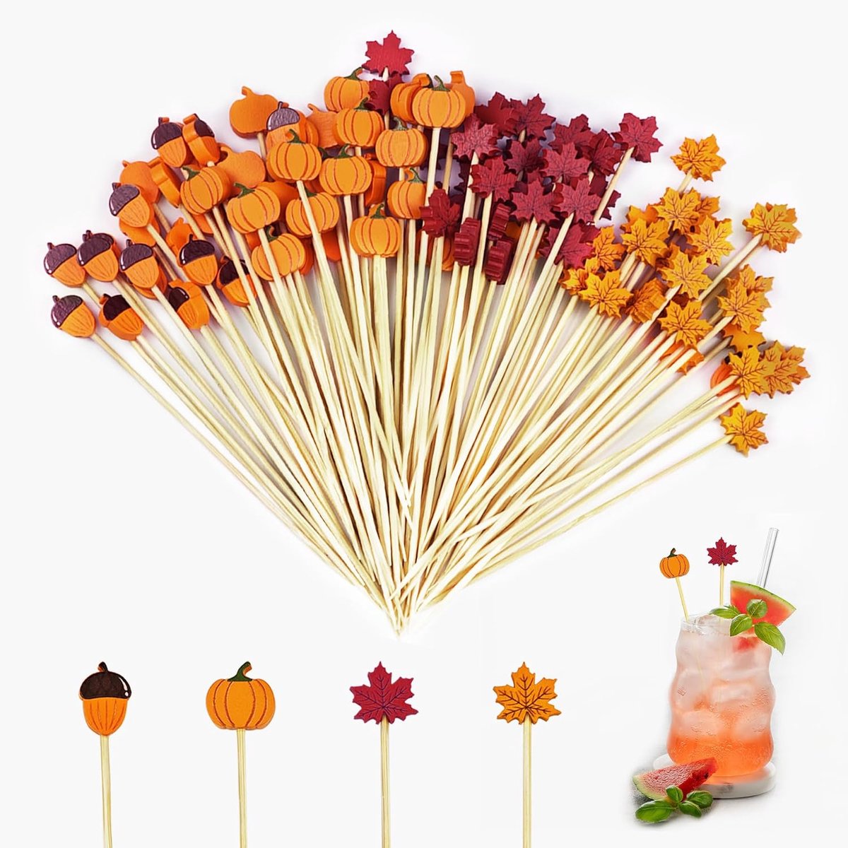 100 stuks esdoornblad pompoen hazelnoten cocktailspiesjes houten cocktail tandenstokers lange cocktailpicks herfst Thanksgiving party spiesen cocktailsticks voor eten en drinken decoratie